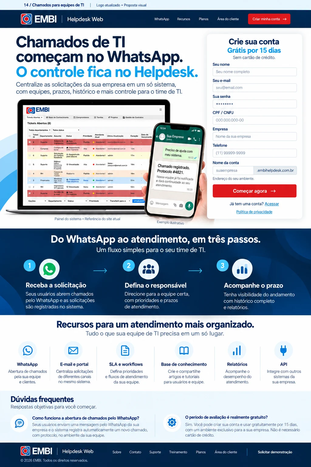 Ilustração de gestão de chamados no EMBI Helpdesk e atendimento pelo WhatsApp.